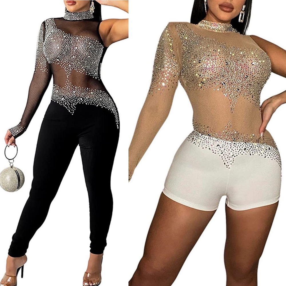 Women's Sexy Mesh Rhinestone Jumpsuit One Shoulder Backless Bodysuit Bundle
